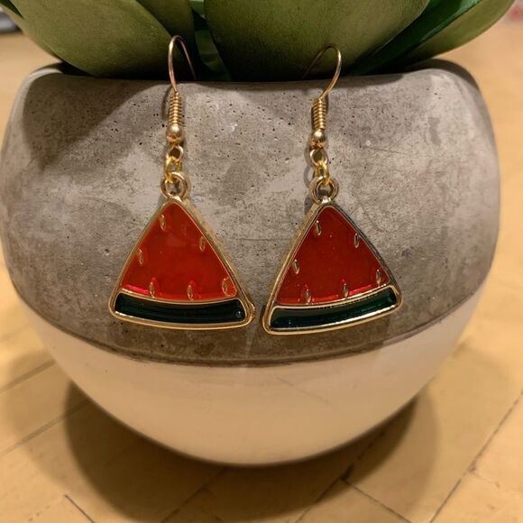 Watermelon Drop Earrings Gold Red Pink Green - Picture 3 of 8